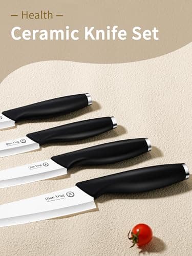 Ceramic Knife Set for Kitchen with Sheath: 100% Zirconia Pure Ceramic Sharp Blade Fruit Cutting Knives 9Pcs with Cover Rustproof Clean Cut Edge Black Handle, No Scratches on Titanium Cutting Boards - Thumbnail 2