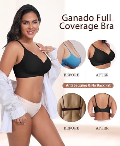 Ganado Scalloped Wireless Bras for Women Seamless No Underwire Bra Full Coverage Padded Comfortable Bralettes (Black, Large) - Thumbnail 4