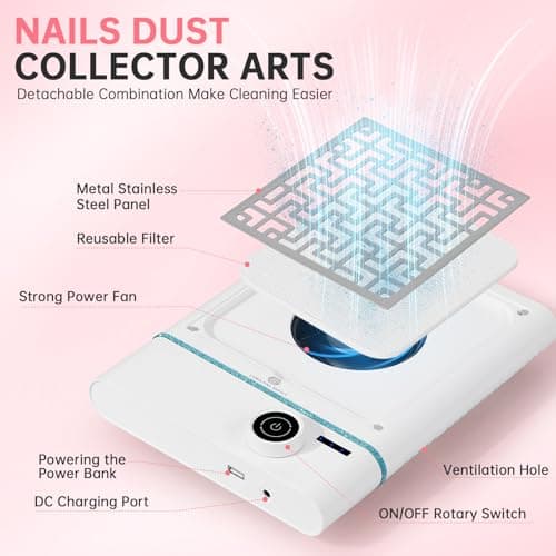 CHRISTINE SHELLY Nail Dust Collector, Bling Diamond Cordless Rechargeable 5000RPM Vacuum Nail Tech Fan Extractor, Professional Nail Duster Suction, Low Noise, Salon&Home - Thumbnail 4
