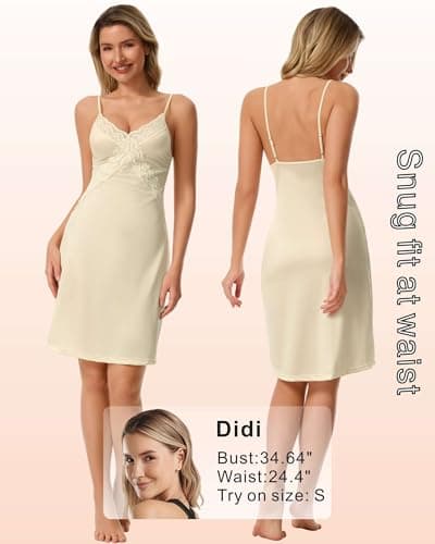 RanZZRan Sexy Lace Full Slip for Women | Adjustable Spaghetti Strap Slip for Dresses, Nightgown & Loungewear (US, Alpha, Medium, Regular, Regular, 1 pack Champagne) - Thumbnail 4