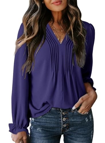 Dokotoo Plus Size Tops for Women Casual Fall Basic Pleated Tops Long Sleeve Blouses for Women Dressy 2026 V-Neck Solid Color Loose Fit T Shirts Blue Tops Small - Image 1