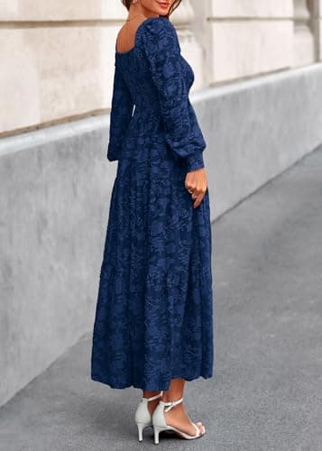 KIRUNDO Wedding Guest Dresses for Women 2026 Fall Long Sleeve Smocked Floral Flowy Spring Baby Shower Maxi Dress Pockets (Navy, X-Large) - Thumbnail 2