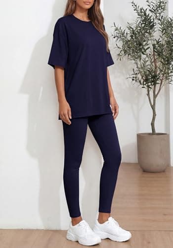BTFBM Two Piece Lounge Set Women 2026 Spring Casual Oversized Shirts Leggings Matching Workout Airport Travel Outfits(Navy Blue, Small) - Thumbnail 3