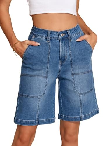 Sidefeel Shorts for Women High Waisted Stretchy Trendy Bermuda Wide Leg Jeans Shorts Casual Loose Fit Summer Denim Jorts Blue Size 18 - Image 1