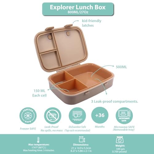 Clevakid Kids Bento Explorer Lunch Box, 3 No-Mix Compartments, Microwave & Dishwasher Safe, Lightweight with Removable Tray, for Daycare, Preschool, School (Dark Brown Toffee) - Thumbnail 2