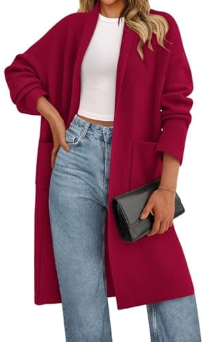 PRETTYGARDEN Long Sleeve Lapel Open Front Cardigan Sweaters for Women Trendy 2026 Oversized Spring Sweater Long Ladies Coats (Red, Large) - Image 1