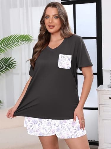 AusLook Plus Size Pajama Set for Women 2 Piece V Neck Short Sleeve Loungewear 4X Set with Pajama Printed Shorts Summer Sleepwear Loose Fit 1X-5X - Thumbnail 2