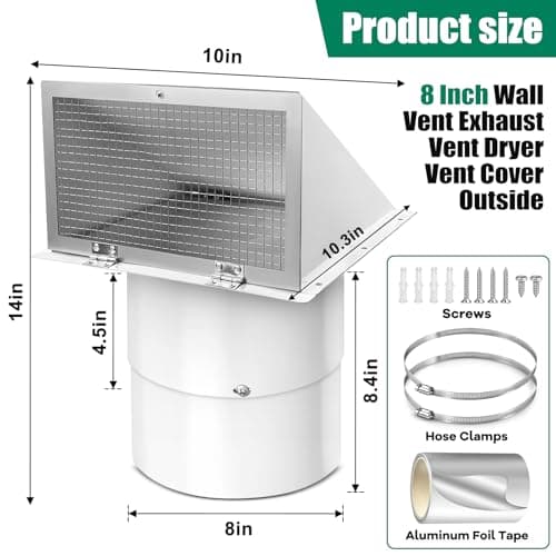 8 Inch Wall Vent Cover with Hood for Kitchen Range Hood Dryer Duct, White - Thumbnail 2