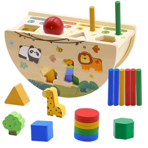 Humerry Montessori Busy Box for Toddlers 1-3, Wooden Object Permanence Coin Box with Shape Sorter & Animal Matching, Sensory Fine Motor Learning Toy with Wobble Base, Gift for 1 2 3 Year Old