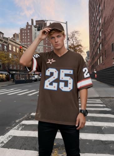 Jersey Shirts for Men Oversized Number Graphic Tees V Neck Y2k Jersey Vintage Streetwear Short Sleeves Tops Brown - Thumbnail 3