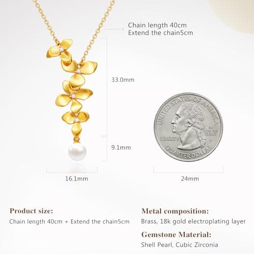 Cicy Bell Floral Pendant Necklace for Women Trendy 18k Gold Plated Shell Pearl Cubic Zirconia Dainty Long Y Necklace Jewelry Gifts - Thumbnail 6