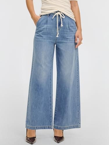 ANRABESS Womens Wide Leg Jeans High Waisted Trendy Drawstring Denim Pants Casual Relaxed Fit Trouser with Pockets Light Blue XX-Large - Thumbnail 2