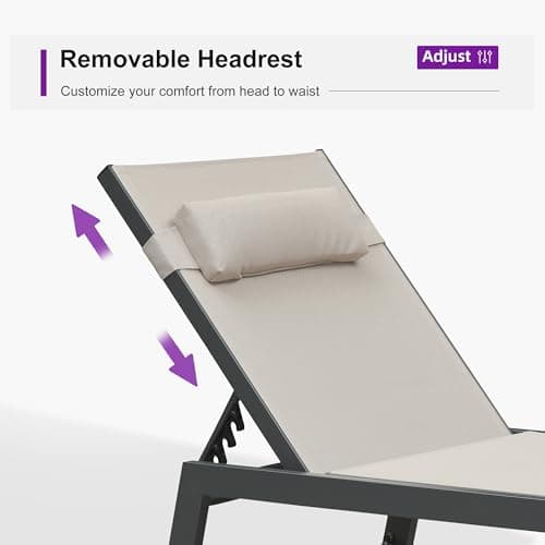 PURPLE LEAF Outdoor Oversized Lounge Chair Set of 3 Patio Chaise Pool Lounger Aluminum Frame with Side Table and Wheels for Outside Sunbathing Tanning Recliner Including Pillows Beige - Thumbnail 5