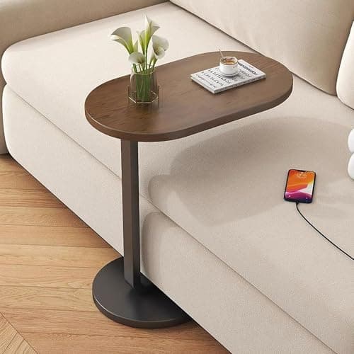 C Shaped Side Table, Modern C Shaped End Table for Small Spaces, Small Couch Side Tables That Slide Under, Wood Coffee Table for Sofa and Bed, 18”L X 12”W Tabletop (Walnut+Black) - Thumbnail 5