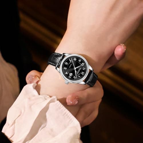 Taxau Ladies Watches for Small Wrist Leather Watch Women Dress Watch Black Dial Waterproof Watch for Female Elderly Large Number Easy Read Hand Watch with Date Reloj De Mujer - Thumbnail 4