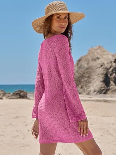 ANRABESS Women’s Crochet Swimsuit Cover Up, V Neck Mesh Knit Beach Dress, Long Sleeve Summer Vacation Beachwear Large Hot Pink - Thumbnail 6