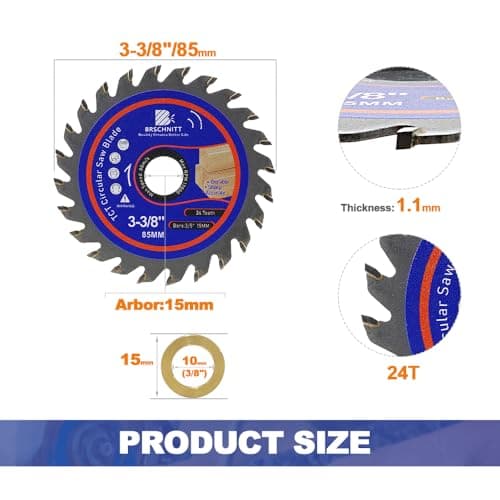 Carbide Tipped Teeth Compact Circular Saw Blade 24T 3 3/8"- BRSCHNITT 3pcs Wood Cutting Saw Blade for General Purpose Cutting & Trimming Wood, Plastic and Composite Materials Arbor:3/5"-3/8" - Thumbnail 4