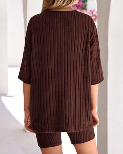 KIRUNDO Short Sets For Women Summer 2 Piece Matching Lounge Sets Casual Rib Knit Tshirts Biker Shorts Beach Vacation Outfits (Brown, X-Large) - Thumbnail 5
