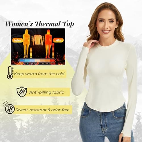 MeetHoo Women Thermal Underwear Shirts, Long Sleeve Thermal Tops Winter Warm Fleece Lined Base Layer for Skiing Running - Thumbnail 6