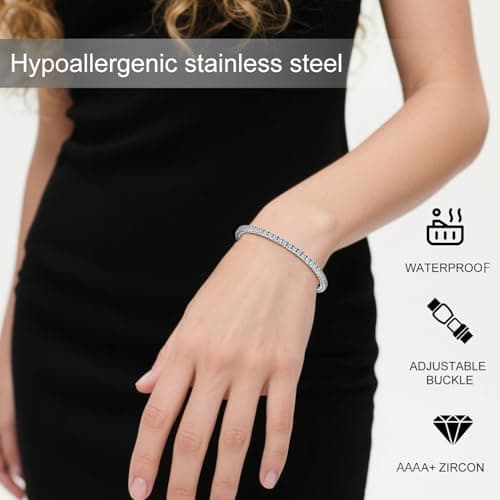 Tennis Bracelet for Women Men, 14K Gold Plated Round 3mm AAAA+ Cubic Zirconia CZ Dainty Classic Adjustable Stainless Steel Bracelets Festival Wedding Jewelry Gift (Steel, CZ 3mm) - Thumbnail 2