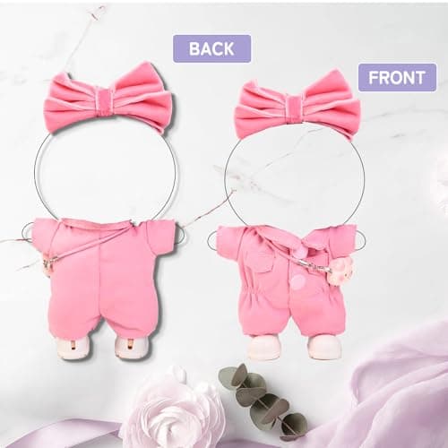 4PCS Pink Kawaii Doll Romper Set Pink Bunny Jumpsuit with Bow Tie for 15-17cm 4 Inch Blind Box Dolls Includes Bow Headwear, Crossbody Bag, One-Piece Workwear and Shoes (NO Doll) - Thumbnail 5