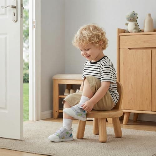 STQ KIDS Wide Toe Box Baby Girls Sneaker Toddler Barefoot Walking Shoes Comfort Infant Tennis Shoe Soft First Walker Non-Slip Mid Top Ankle Support Light Grey Dinosaur 9-12 Months Infant Size 4 US - Thumbnail 3