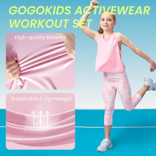 Gogokids Girls' Activewear Workout Set 2 Piece Athletic Sets Sleeveless Mesh Tank Tops and Capris Leggings Yoga Pants, Pink(150/11-12 Years) - Thumbnail 4