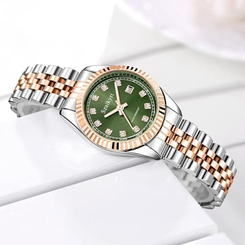 Szaikyri Classic Watch for Women with Solid Stainless Steel Band Ladies Dress Watch Womens Calendar Watch (Rosegold Green) - Thumbnail 5