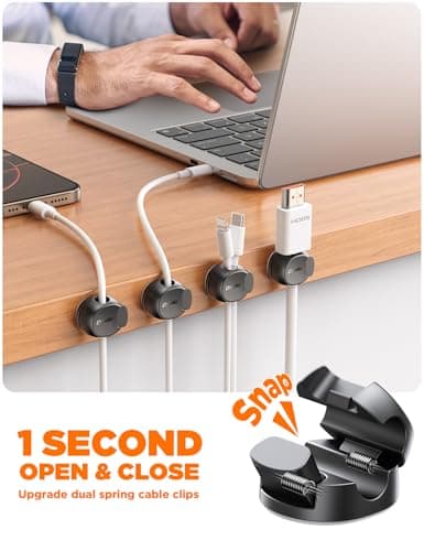 8Pack Cord Organizer [Dual Spring & Clasp, Max Secure] Cable Clips - Chfeila Cable Management, Adhesive Phone Charging Wire Holder for Nightstand/Wall, Home Office Desk Accessories Decor Essentials - Thumbnail 2