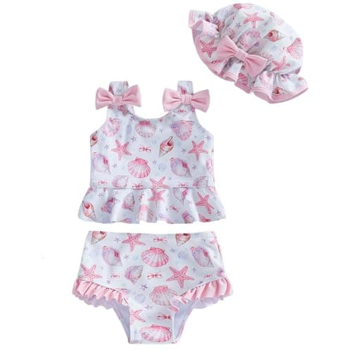 DivingBirds Baby Girls Toddler Two-Piece Swimsuit with Hat, Ruffle Bowknot Bathing Suit Swimwear Set Pink and White for 3-4 Years - Image 1
