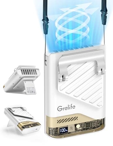 Grelife 2025 AI Portable Waist Fan Rechargeable with LED Display & 40H Runtime,5 Speed 10000RPM Cooling Personal Clip Fan,33ft/s Wind Speed Neck fan for Outdoor Work,Camping,Farm,Jobsite(White)
