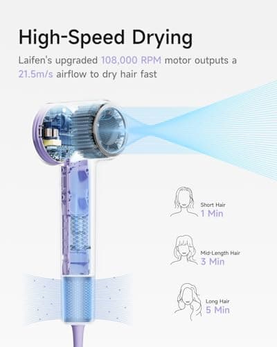 Laifen Hair Dryer SE 2, 200 Million Negative Ionic Blow Dryer with Child Mode and 108,000 RPM Brushless Motor, Fast Drying High-Speed Low Noise Hairdryer with Magnetic Attachments, HD130 - Thumbnail 2