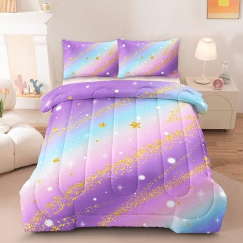 HICAND 3 Pcs Twin Bedding Sets for Girls, Purple Glitter Rainbow Twin Size Bed Set, Stars Galaxy Bedding Comforter Set for Girls - Image 1