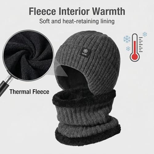 BSHITWO Year-Round Soft Thick Cotton Beanie & Neck Warmer Set for Men, Cozy Fleece-Lined Anti-Slip Daily Indoor Lounge Hat, Breathable All-Season Gift Set, Gray - Thumbnail 3
