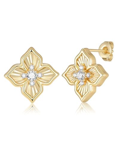 Four Leaf Earrings for Women - Hypoallergenic Stud Earrings 14K Gold Plated Earrings with Cubic Zirconia, Lucky Elegant Jewelry Gifts for Mother’s Day, Graduation, Wife, Girlfriend - Image 1