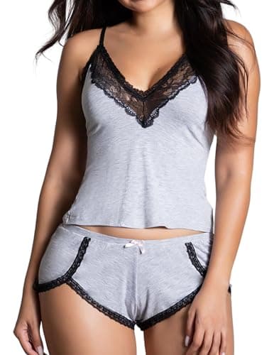 Tidouk Women Pajama Sets 2 Piece Sexy Pajamas Elastic Waist Lace Nightwear Cami and Short Set(Gray,Large) - Image 1