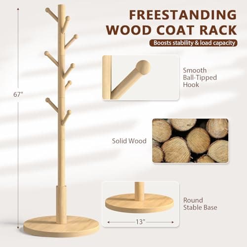 ACIPENSER Coat Rack Freestanding Wooden Coat Tree Stand with 8 Round-tip Hooks, 3 Adjustable heights Coat Hat Rack for Entryway,Bedroom,Hallway,Office (Natural) - Thumbnail 4