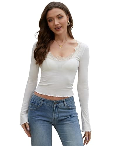 Homepeaz Long Sleeve Shirts for Women Y2K Bell Sleeve Lace Trim Micro Ribbed Square Neck Cropped Going Out Tops White - Image 1