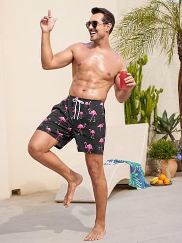 SILKWORLD Mens Swim Trunks Swim Shorts Quick Dry 5 inch Inseam Beach Shorts with Compression Liner and Zipper Pocket, Black Pink Flamingo, Medium - Thumbnail 5