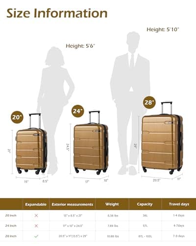 Coolife Carry On Luggage 22x14x9 Airline Approved Hardside PC+ABS Suitcase with TSA Lock, Lightweight Rolling Travel Luggage with Spinner Wheels(Black Brown, 20in) - Thumbnail 6
