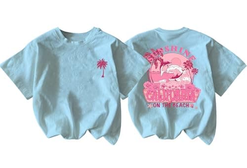 QIXYN Girls Hawaiian Shirt Palm Tree Graphic Tee Summer Beach Vacation Tops