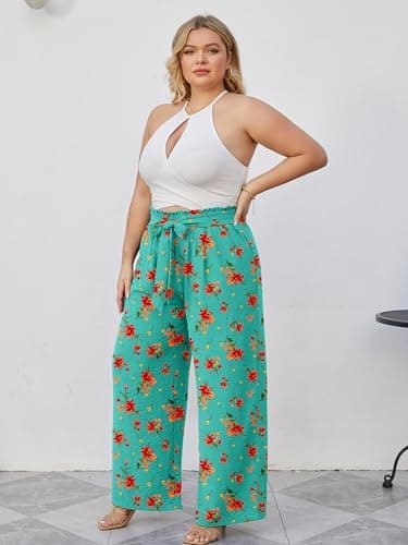 AusLook Plus Size Wide Leg Pants for Women High Waist Elastic Drawstring Palazzo Casual Lounge Beach Travel Vacation Resort Cyan Hibiscus 2X Pants with Pockets Flowy Summer Comfy Outfit - Thumbnail 3