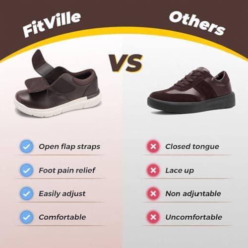 FitVille Diabetic Shoes for Men Extra Wide Comfortable Leather Walking Shoes Hook & Loop Orthopedic Dress Sneakers for Edema and Swollen Feet (Wide 9, Dark Brown) - Thumbnail 4