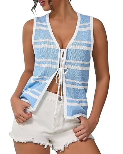 IEEILULU Women Sleeveless Knit Vest Striped V Neck Tie Front Sweater Vests Y2k Crochet Tank Tops for Going Out Beach Vacation (Blue White Stripe, M) - Image 1