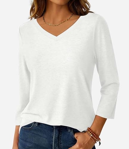 GKBK Womens Tops 3/4 Sleeve Shirts V Neck Casual Blouses Basic Loose Fit Pullover Tshirts White XL - Thumbnail 2