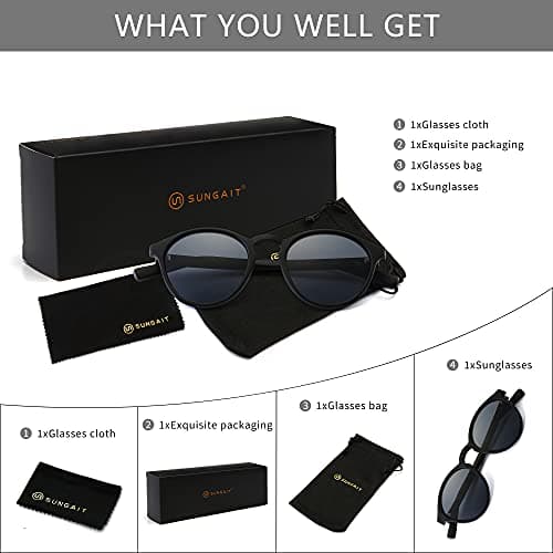 SUNGAIT Women's Classic Vintage Round Polarized Sunglasses Retro Style UV400(Black Frame(Matte Finish)/Grey Lens) K166HEIKHU - Thumbnail 6