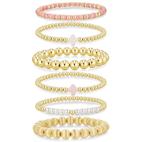 Yoosteel Gold Beaded Bracelets Set for Women Teen Girls - 14k Gold-Plated Dainty Beaded Cross Pearl Bracelet for Women Teenage Girl Gifts Stackable Jewelry Gifts 6 Pcs - Image 1