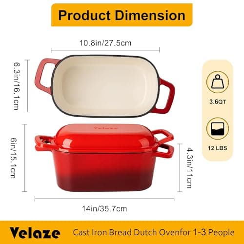 Velaze 3.6QT Dutch Oven for Bread Baking,Oval Cast Iron Enameled Bread Oven Pan with Lid and Offset Handles,Oven Safe to 500°F for Homemade Sourdough Bread(Red) - Thumbnail 2