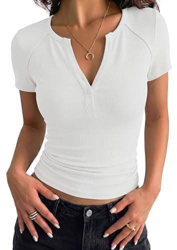 PRETTYGARDEN Womens Short Sleeve Henley Shirts 2026 Summer Trendy Ribbed Tops Fitted V Neck Button Up T Shirts Spring Blouses (White,Small) - Image 1