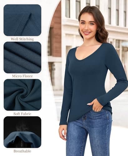 Ganado Long Sleeve Shirts for Women V Neck Thermal Shirt Layering Undershirts Plain Fitted Basic Tops (Dark Blue, XX-Large) - Thumbnail 5